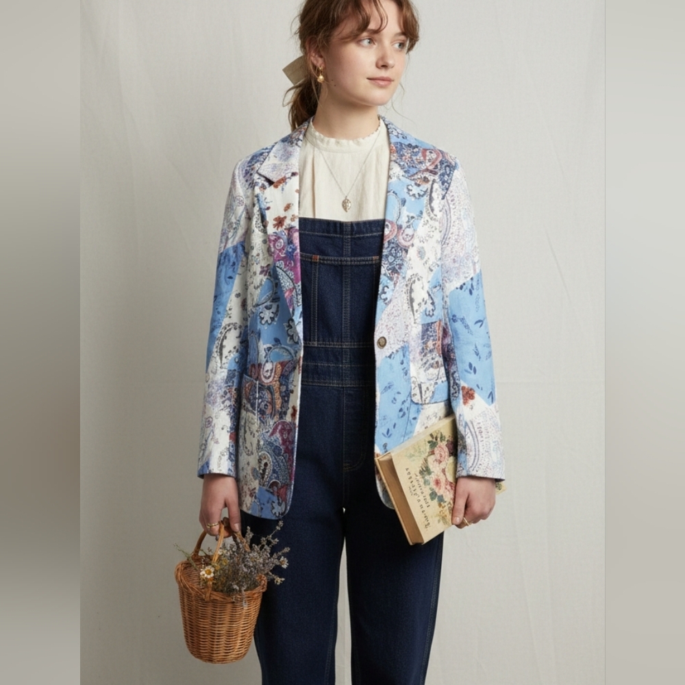Blue Floral Patchwork Paisley Blazer Single Breasted Boho Cottage Retro 1X